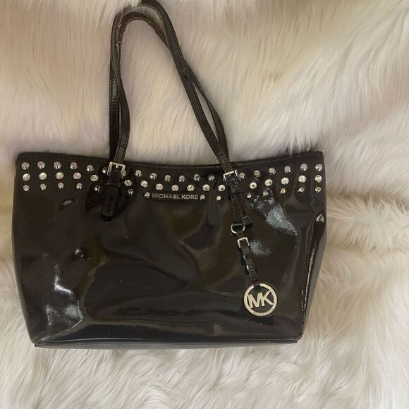 Michael Kors black patent  medium tote with jewels and silver tone studs accents - Picture 5 of 14
